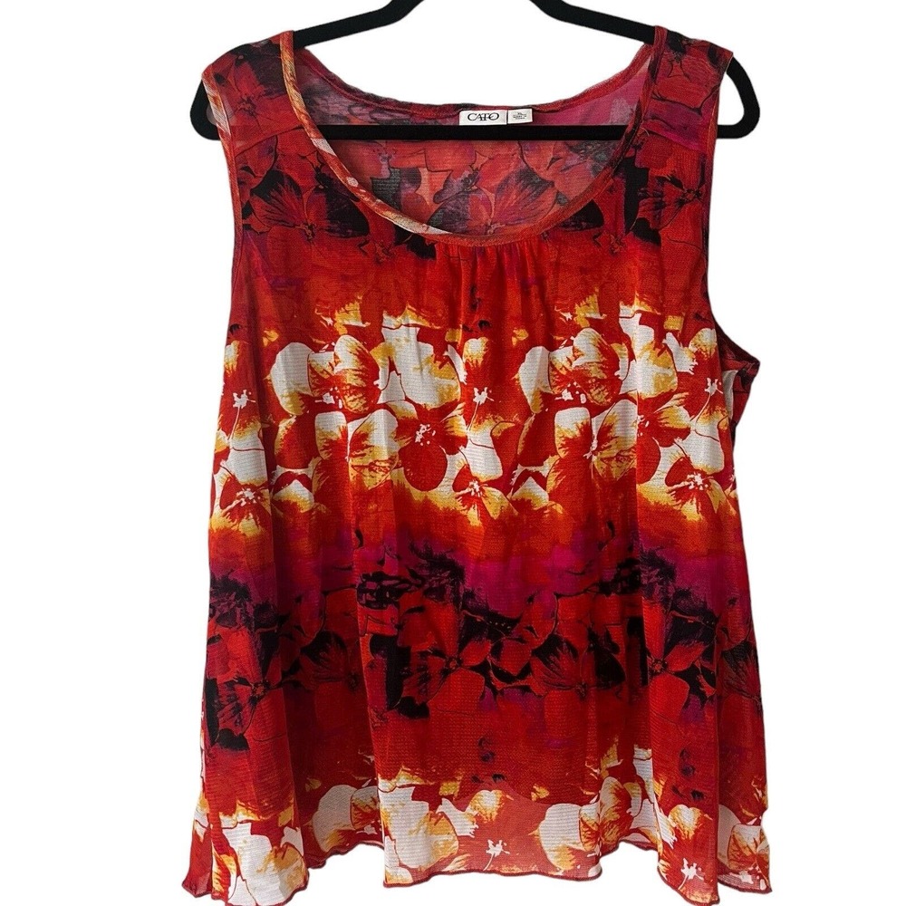 Cato Red Floral Tropical Sunset Drapey Pullover Sleeveless Blouse Womens Size XL